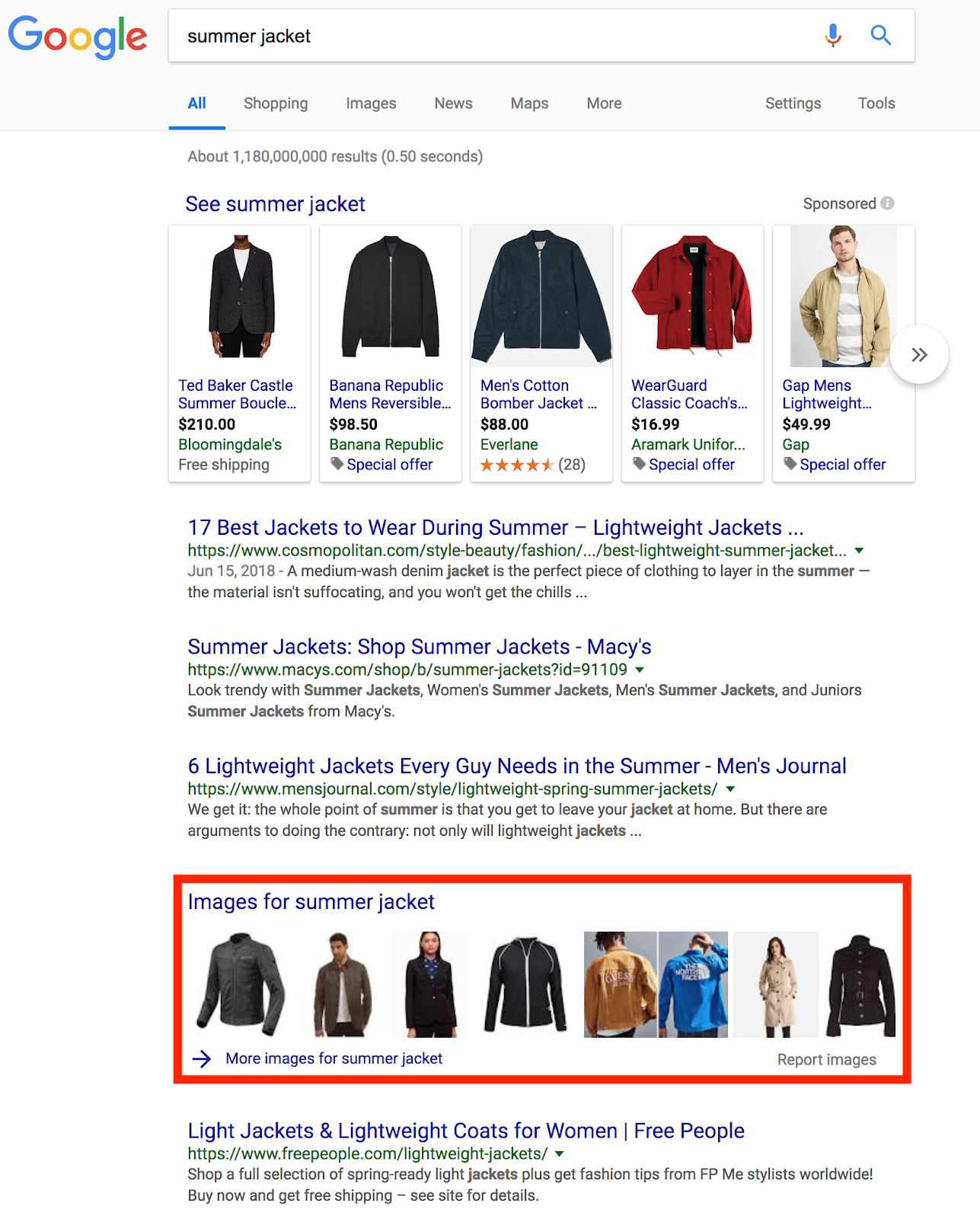 Screenshot showing google search results for jackets