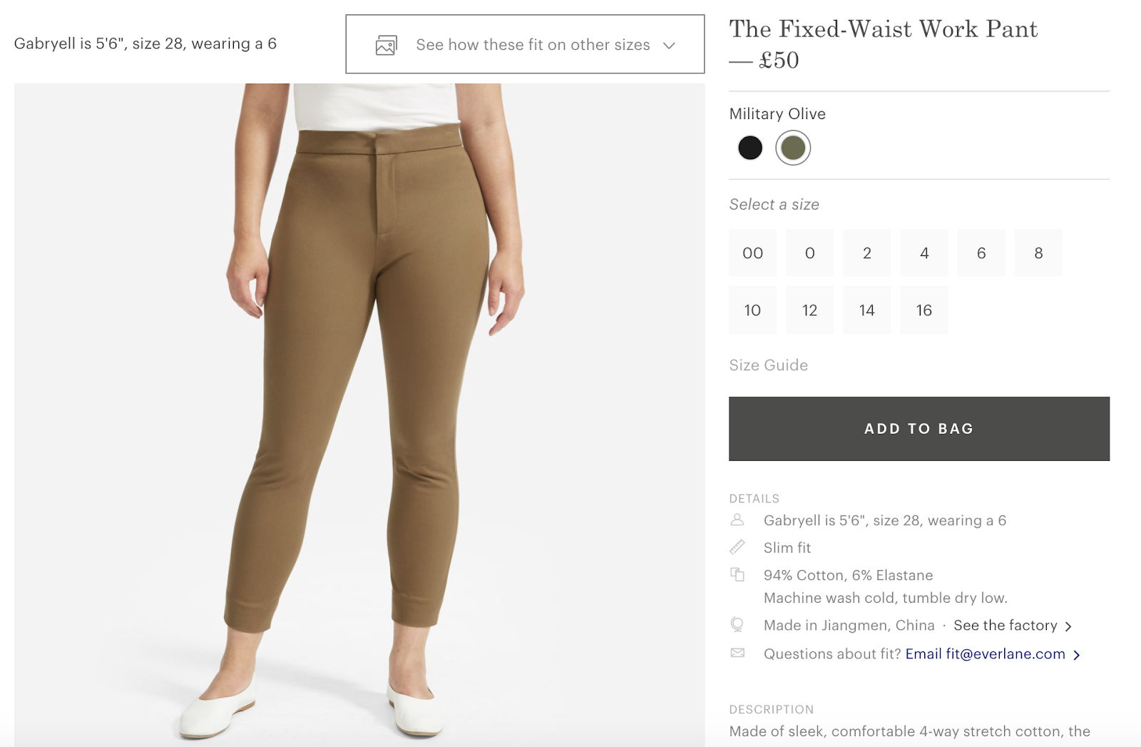 Screenshot of Everlane product page using CTAs