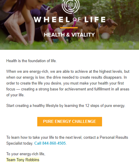 Screenshot of an email sent by Tony Robbins for wHEEL OF lIFE