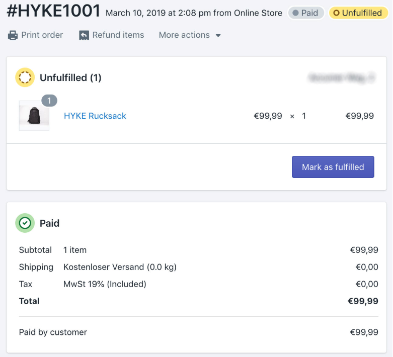 Screenshot showing a Shopify order