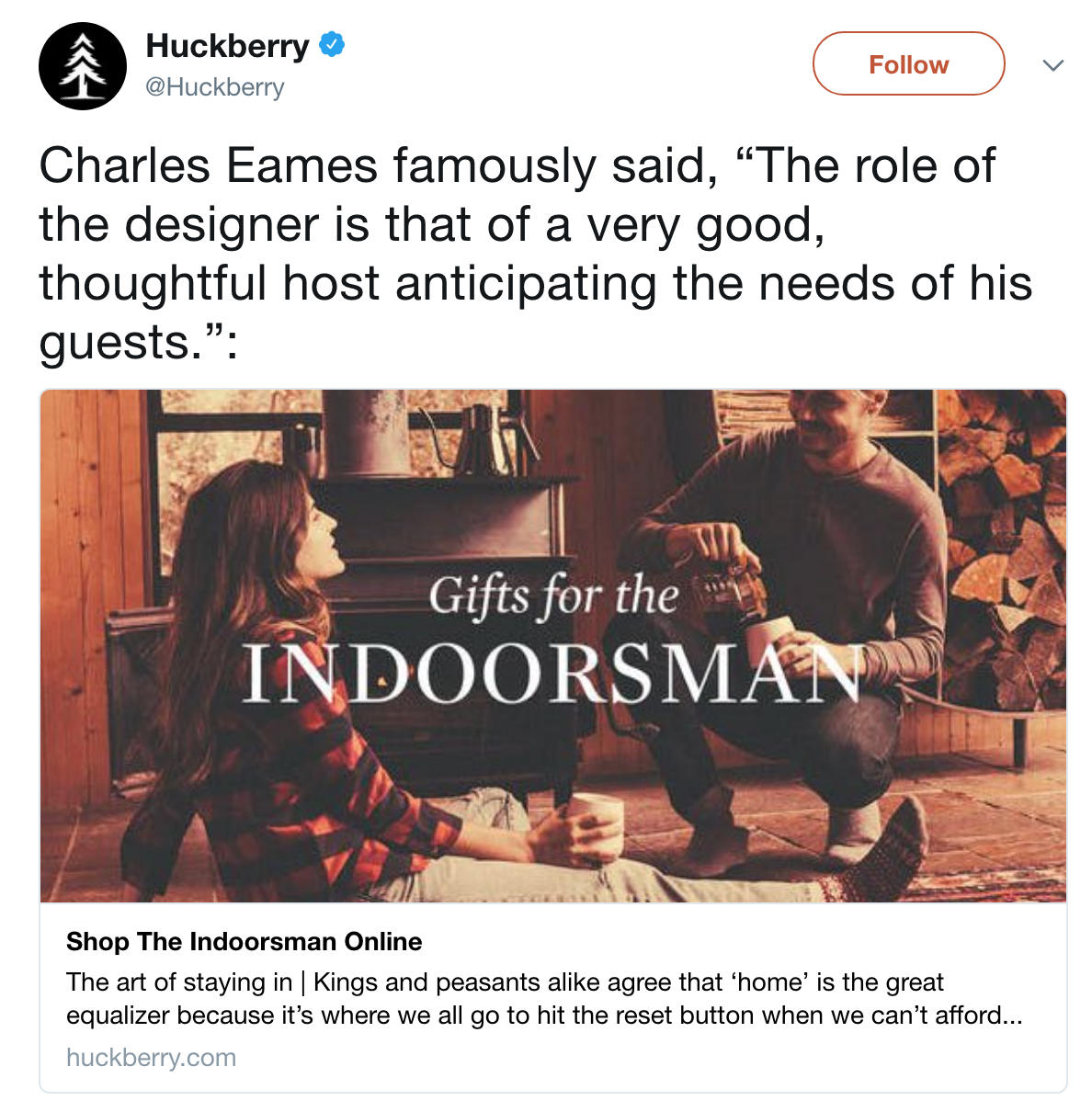 Screenshot showing a tweet by Huckberry