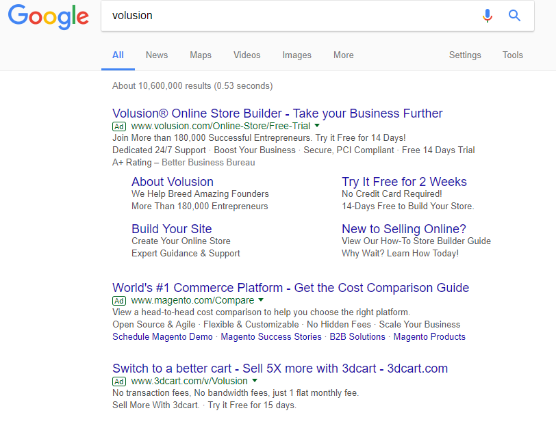 Screenshot showing search results for "volusion"