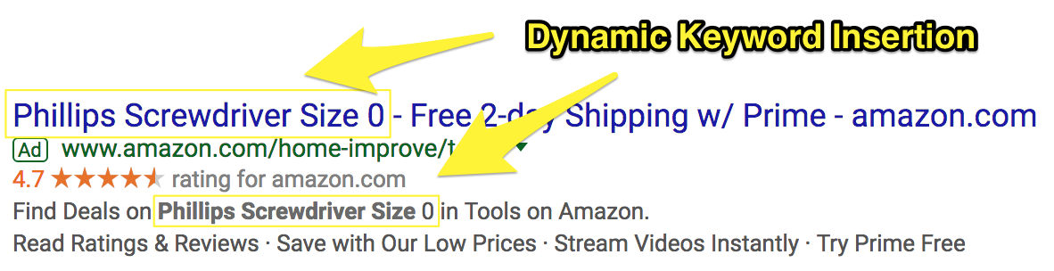 Screenshot showing dynamic keyword insertion on an amazon ad