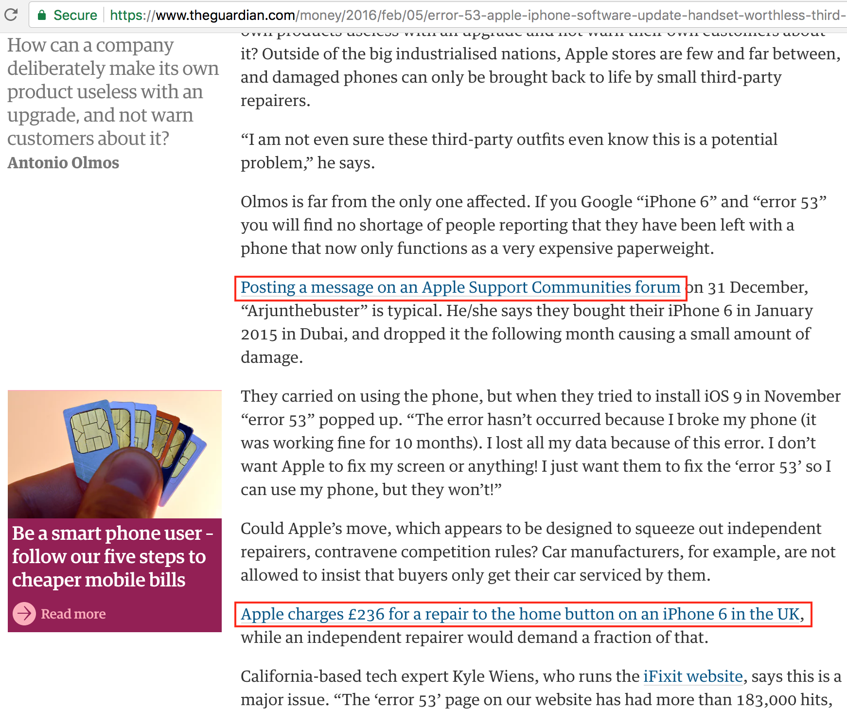 Screenshot showing an article about apple