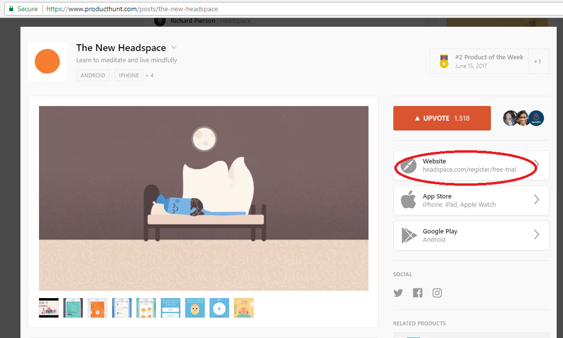 Screenshot showing an external link on a producthunt page