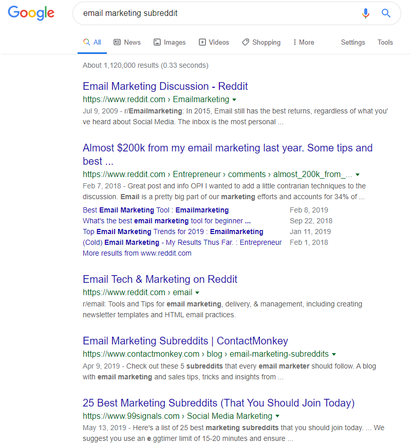 B2B Email Marketing: Screenshot of search results on Google for "email marketing subreddit" search term