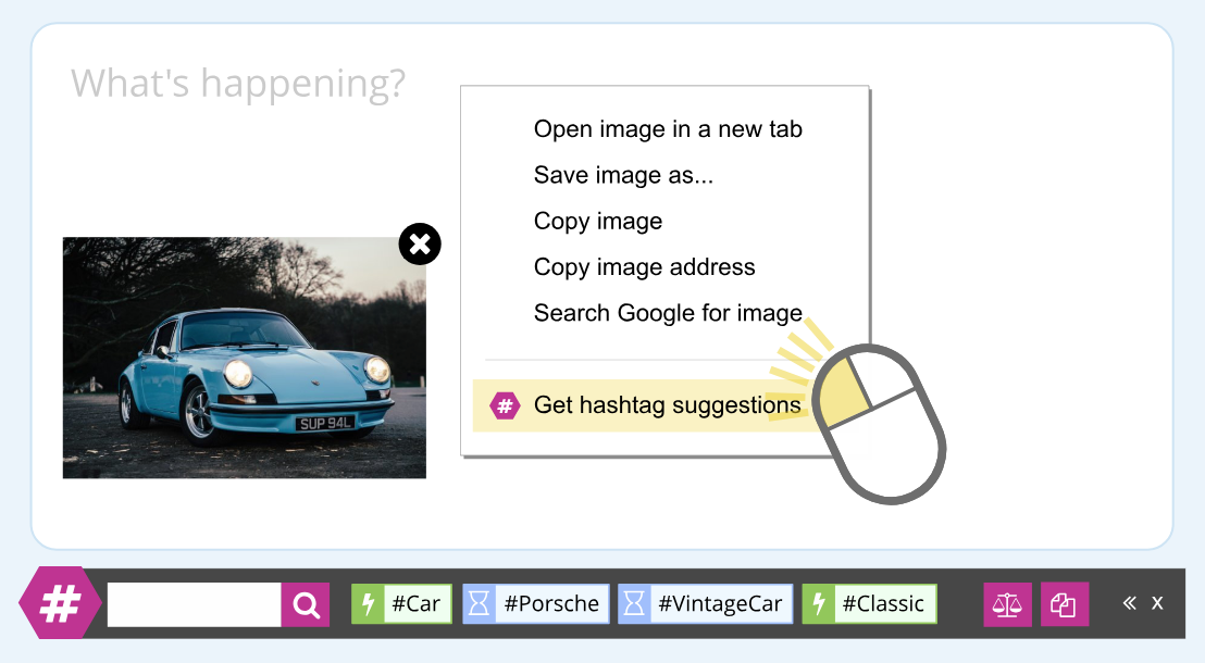 Screenshot showing hashtag suggestions button