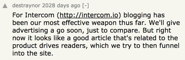 Screenshot showing a reddit comment by intercom, about growth