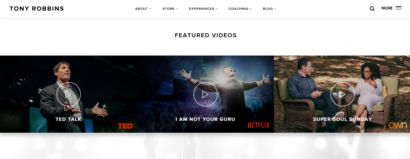 Screenshot of featured videos on Tony Robbins