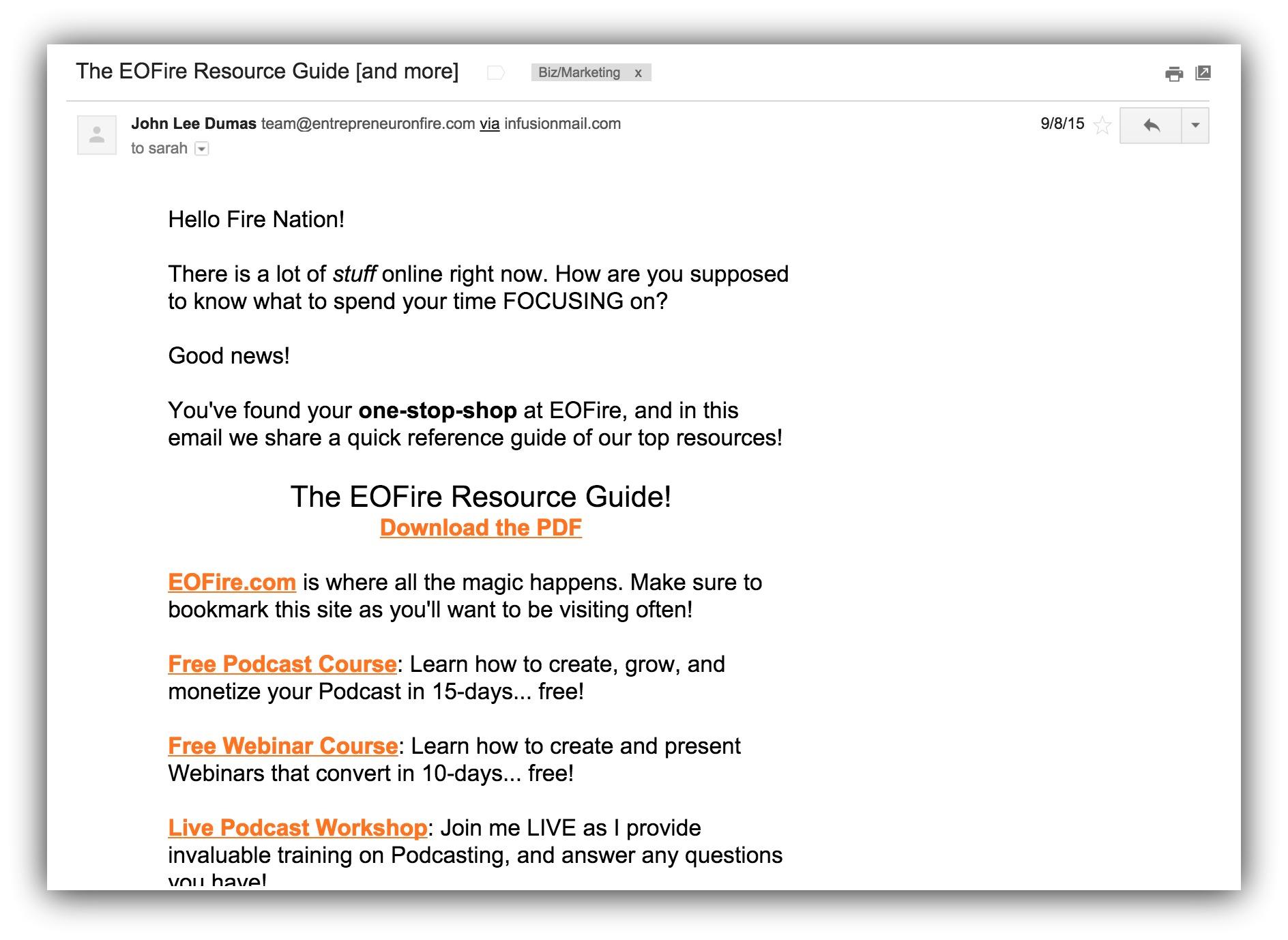Screenshot of an email sent by entrepreneuronfire.com