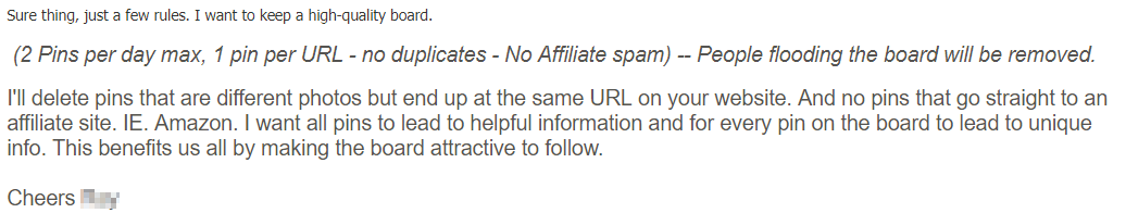 Screenshot showing rules for a pinterest board