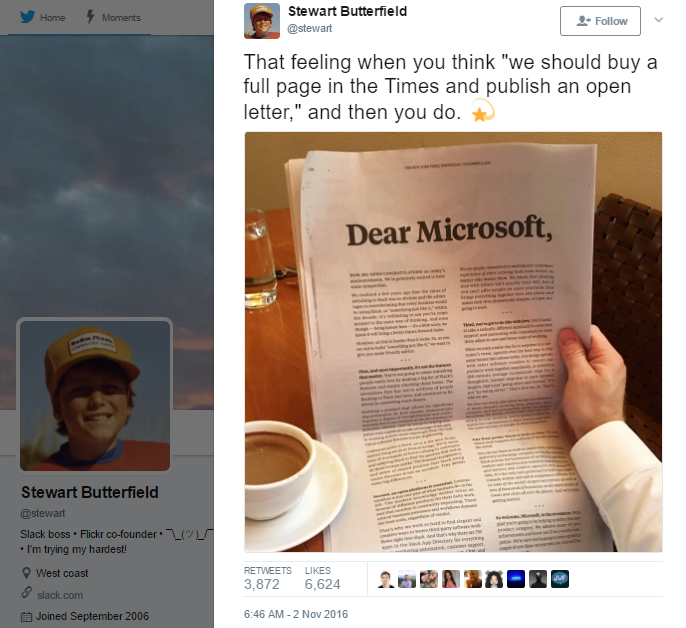 Screenshot showing a tweet about an open letter to Microsoft on a NY Times newspaper