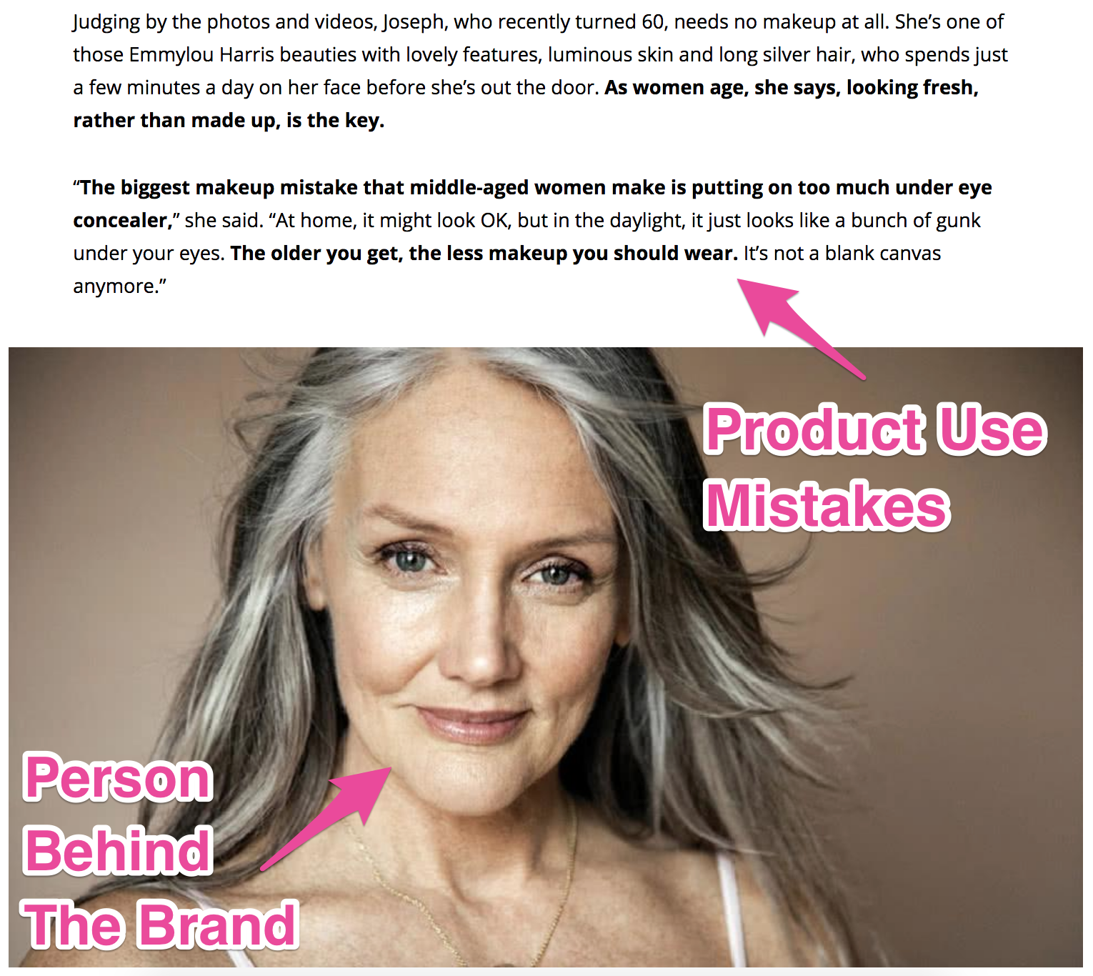 Screenshot showing copy that details mistakes in using a product, and a picture of the person behind the brand