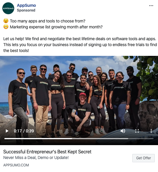 AppSumo Facebook Video ad