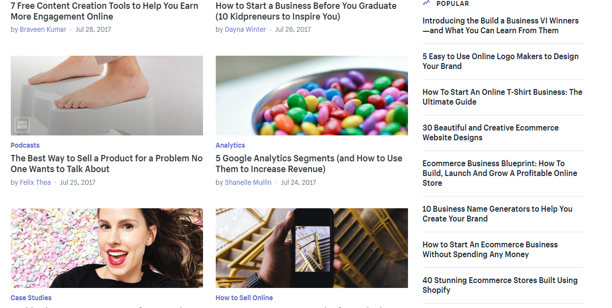 Screenshot of multiple pieces of content on the shopify blog