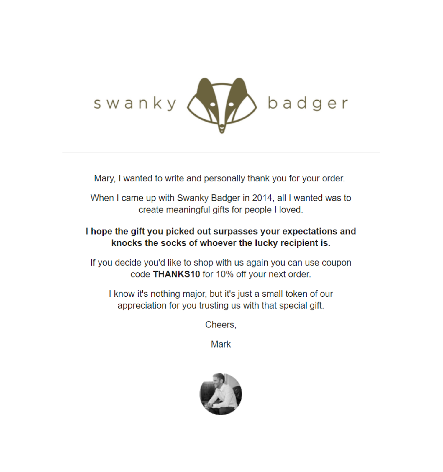 THE LIGHTLY PERSONALIZED THANK YOU CONFIRMATION EMAIL BY SWANKY BADGER