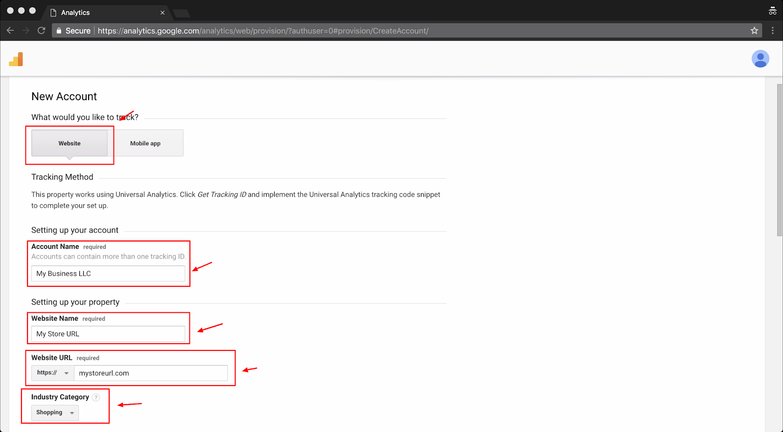 Screenshot showing google analytics settings page