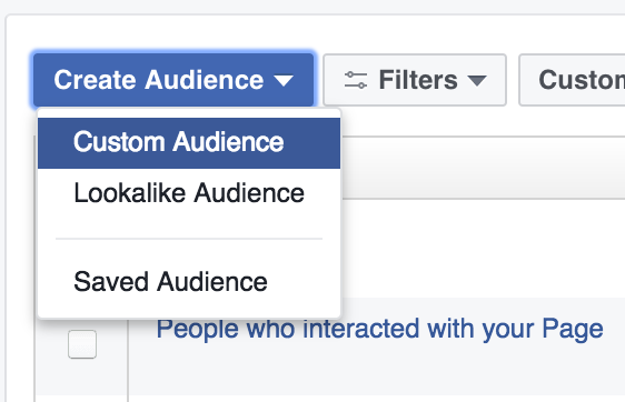Screenshot showing create a custom Facebook audience