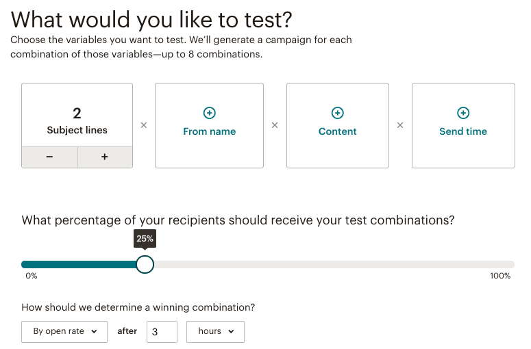 Screenshot of Mailchimp split test different versions of email subject line