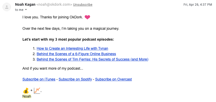 Screenshot of welcome email sent by Noah Kagan to his OkDork email list