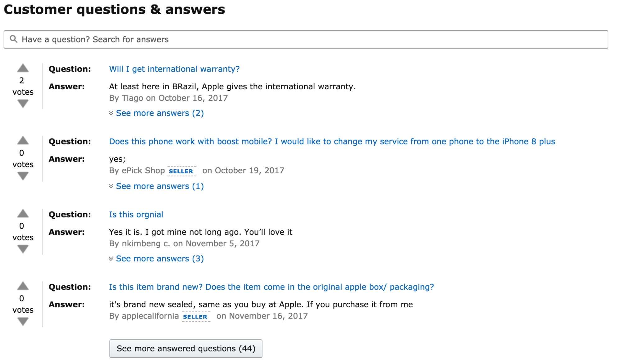 Screenshot showing questions and answers for a product on amazon