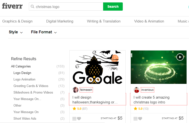 Screenshot of a fiverr search