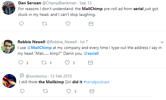 Screenshot showing different tweets about mailchimp