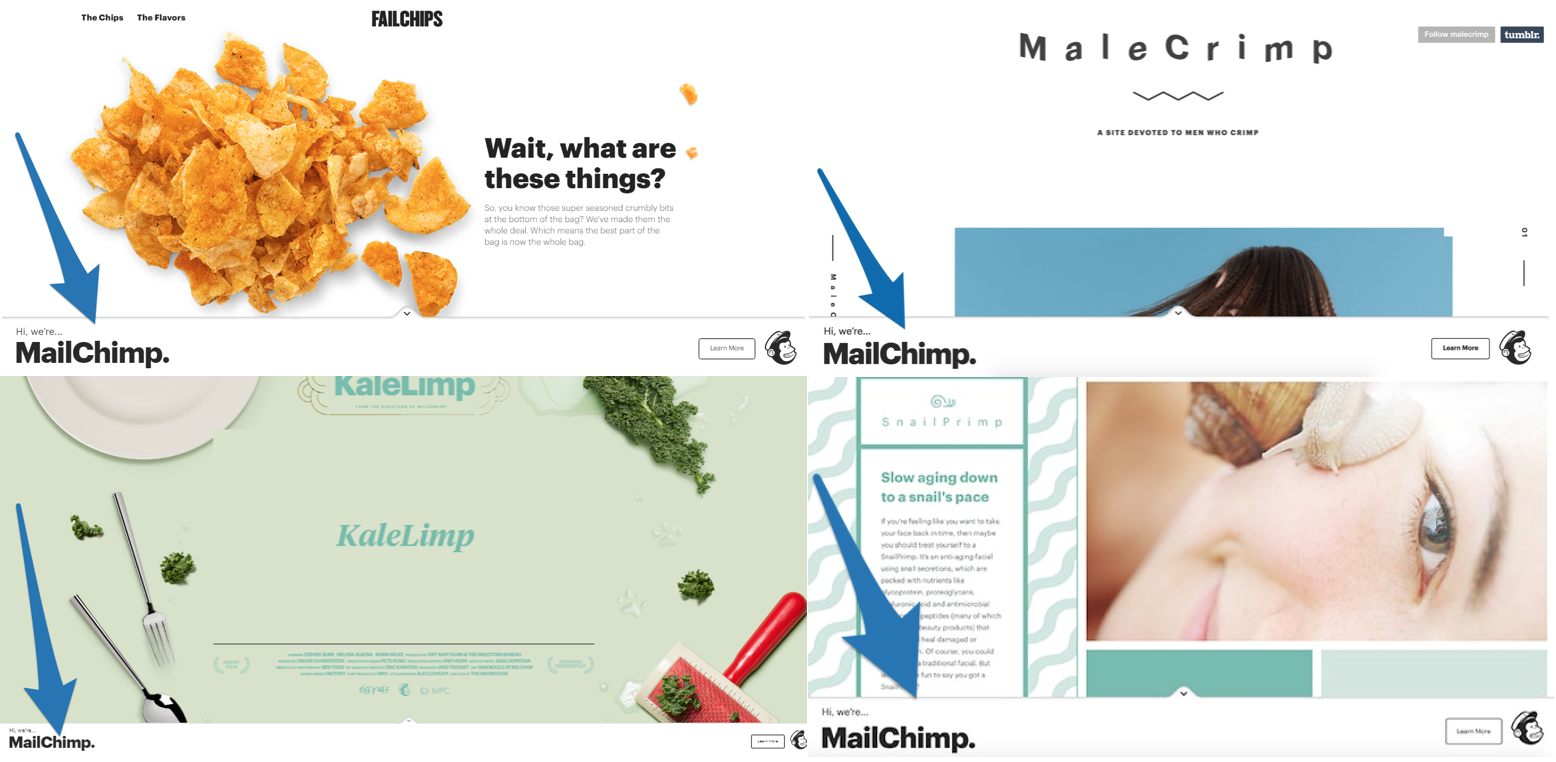 Screenshot showing four different pages on te mailchimp website