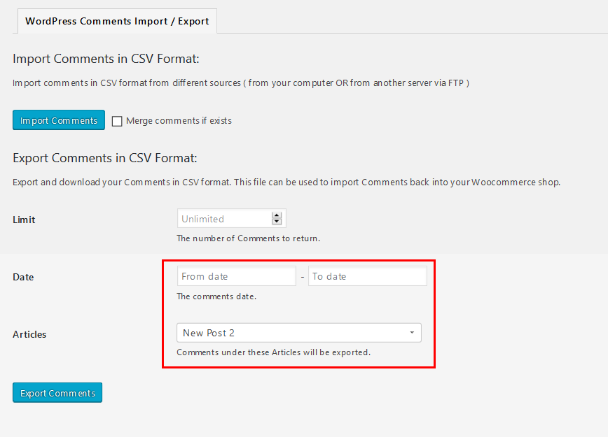 Screenshot of steps to use the WordPress Comments Import & Export plugin