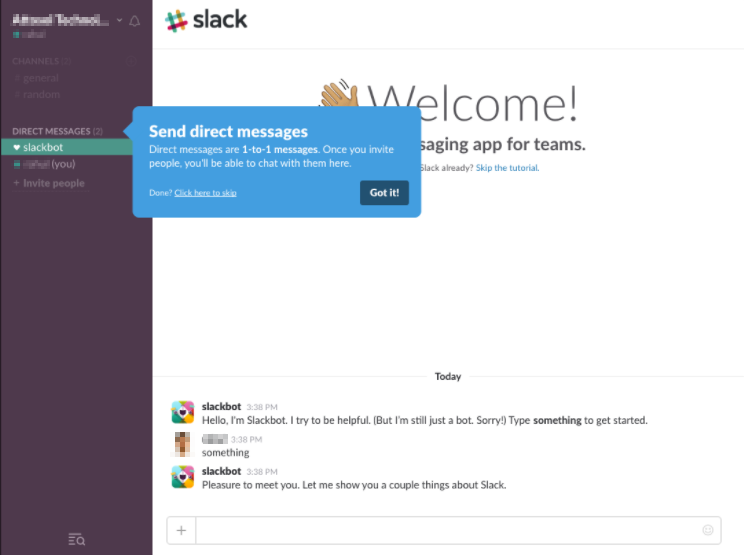 Screenshot showing the on-site tutorial by Slack after signing up