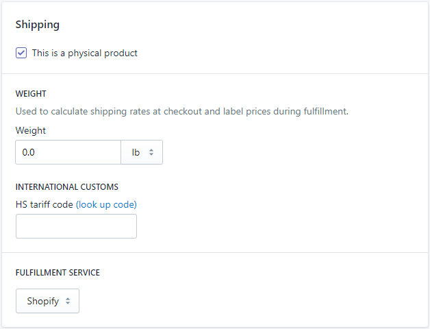 Screenshot showing Shopify product shipping settings