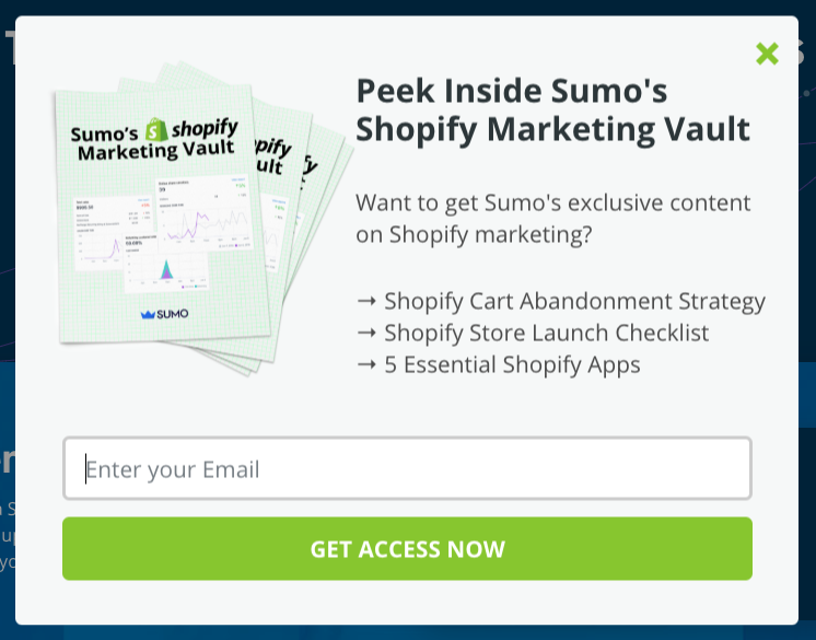 Screenshot of Sumo exit popup asking abandoning visitors to join email list by offering Shopify Marketing Vault.
