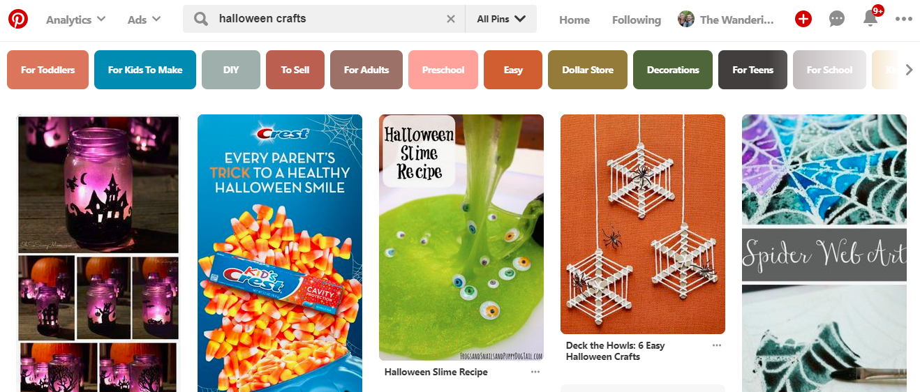 Screenshot showing pinterest search results for "Halloween crafts"