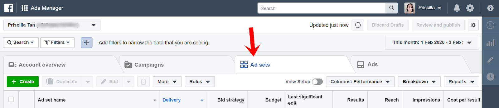 facebook ad manager ad sets tab