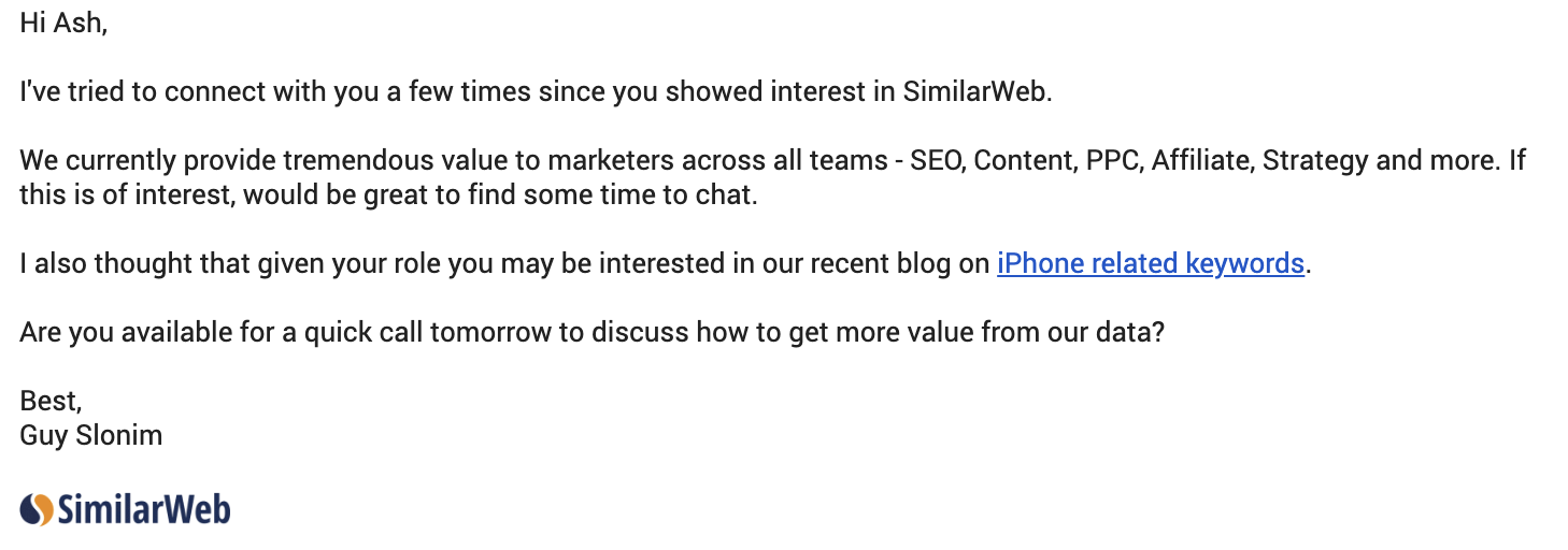Screenshot of email from SimilarWeb