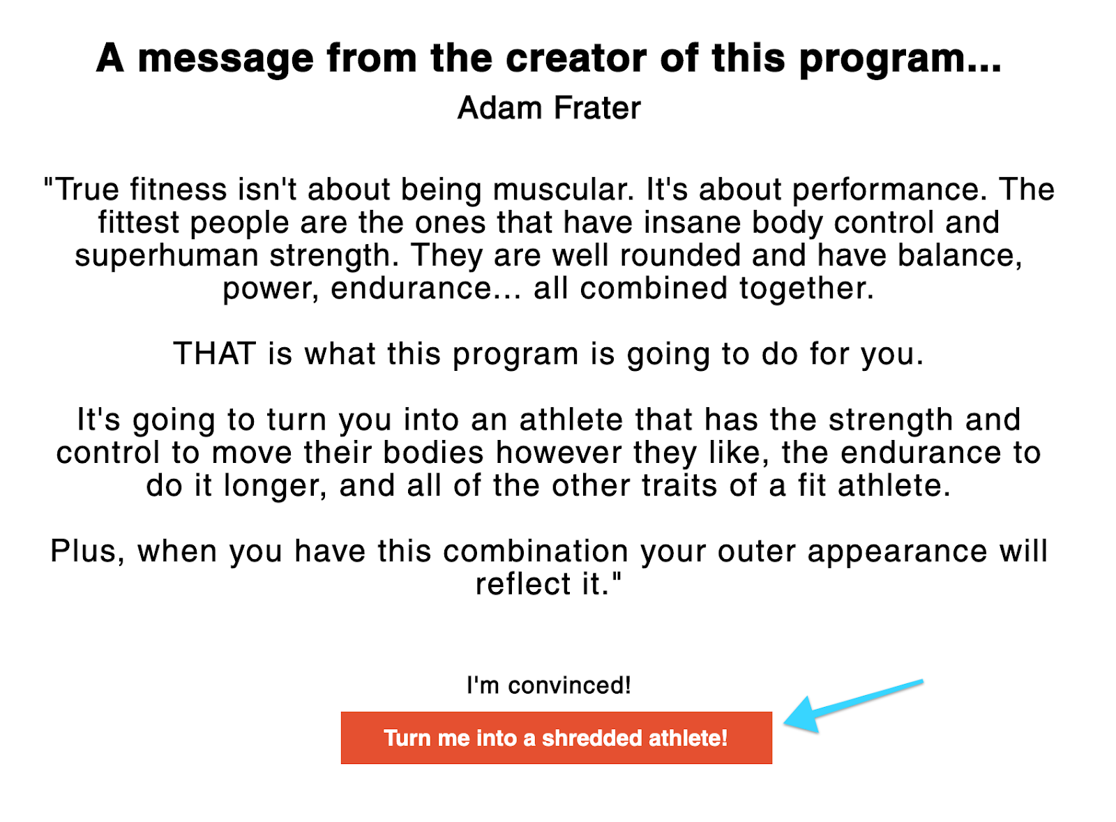 Screenshot of website from fitness coach Adam Frater using his main CTA to sell the benefits of buying his program