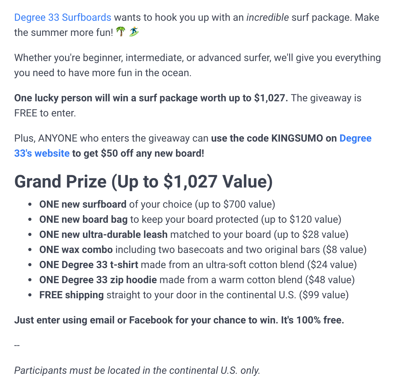 Screenshot showing copy for a sweepstakes