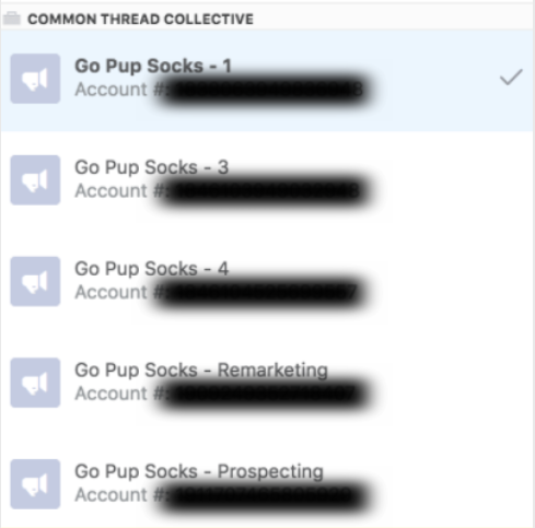 Screenshot showing multiple Facebook ad accounts