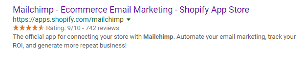 Screenshot showing Mailchimp for Shopify google search result