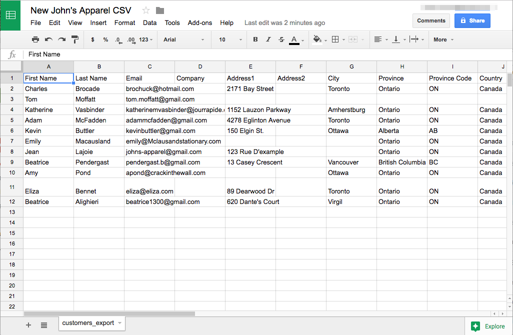 Screenshot showing a spreadsheet of exported customer data