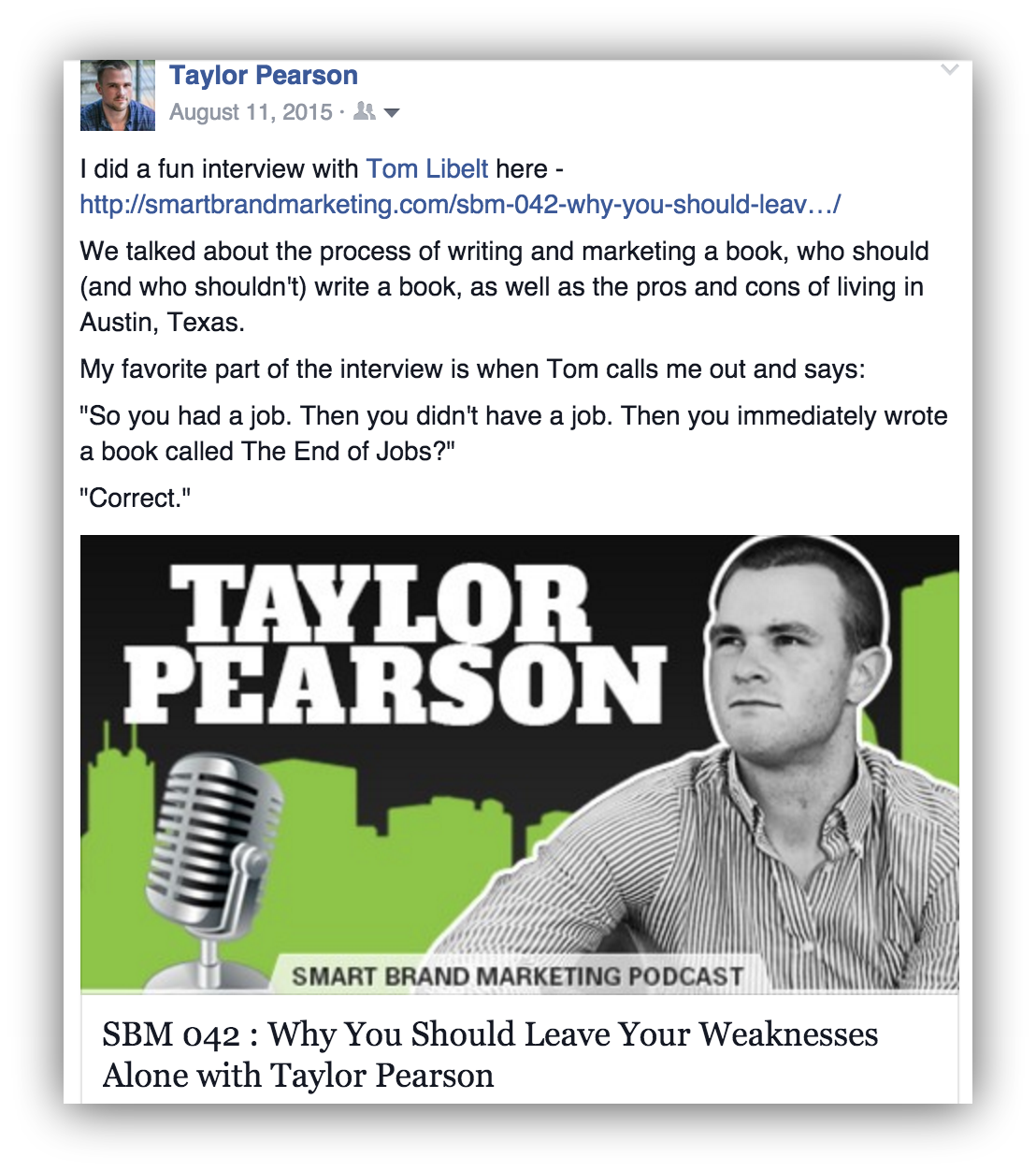Screenshot of a facebook post promoting a podcast about an interview with taylor pearson