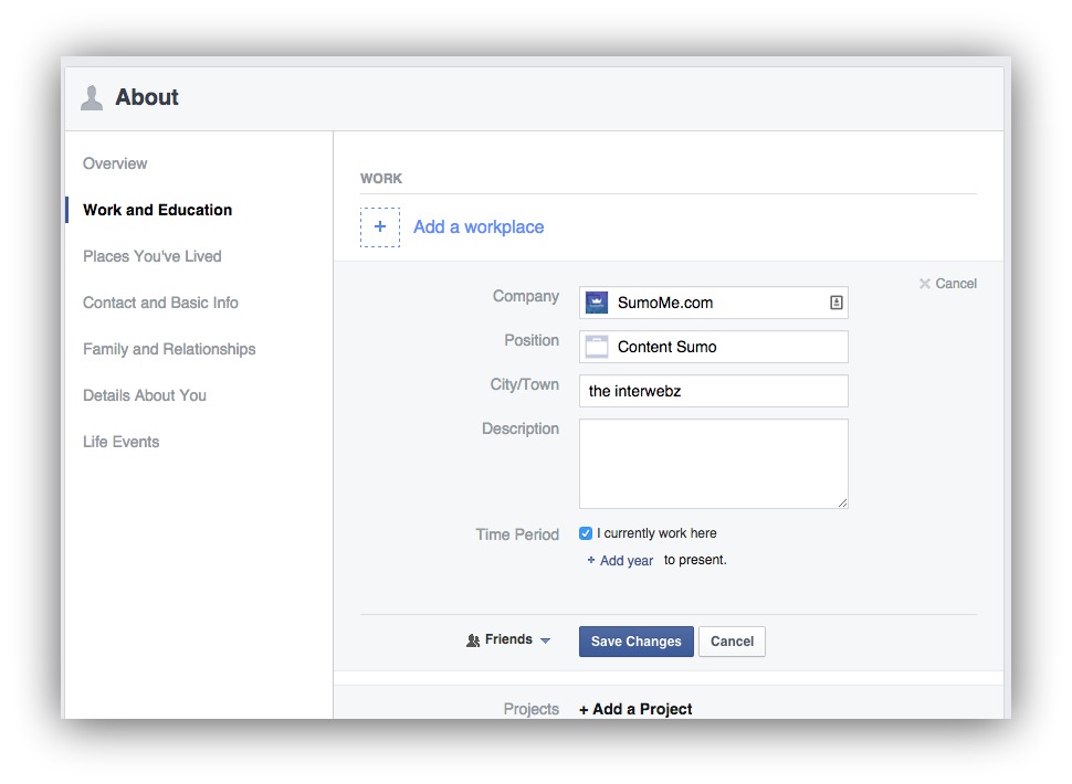 Screenshot showing how you can update your Facebook info