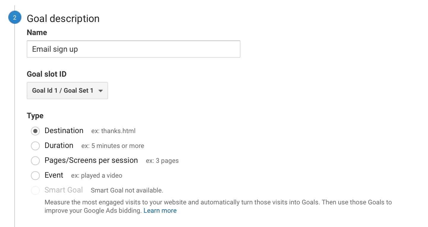 Guild for set up a lead capture goal in google analytics -goal destination