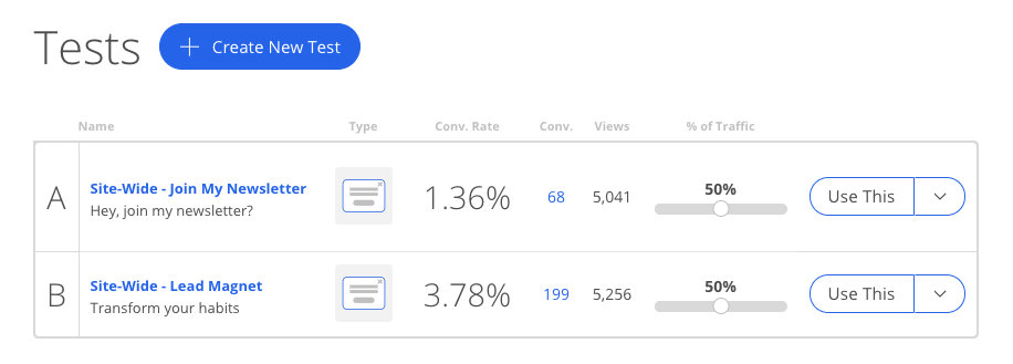 Screenshot of A/B test results