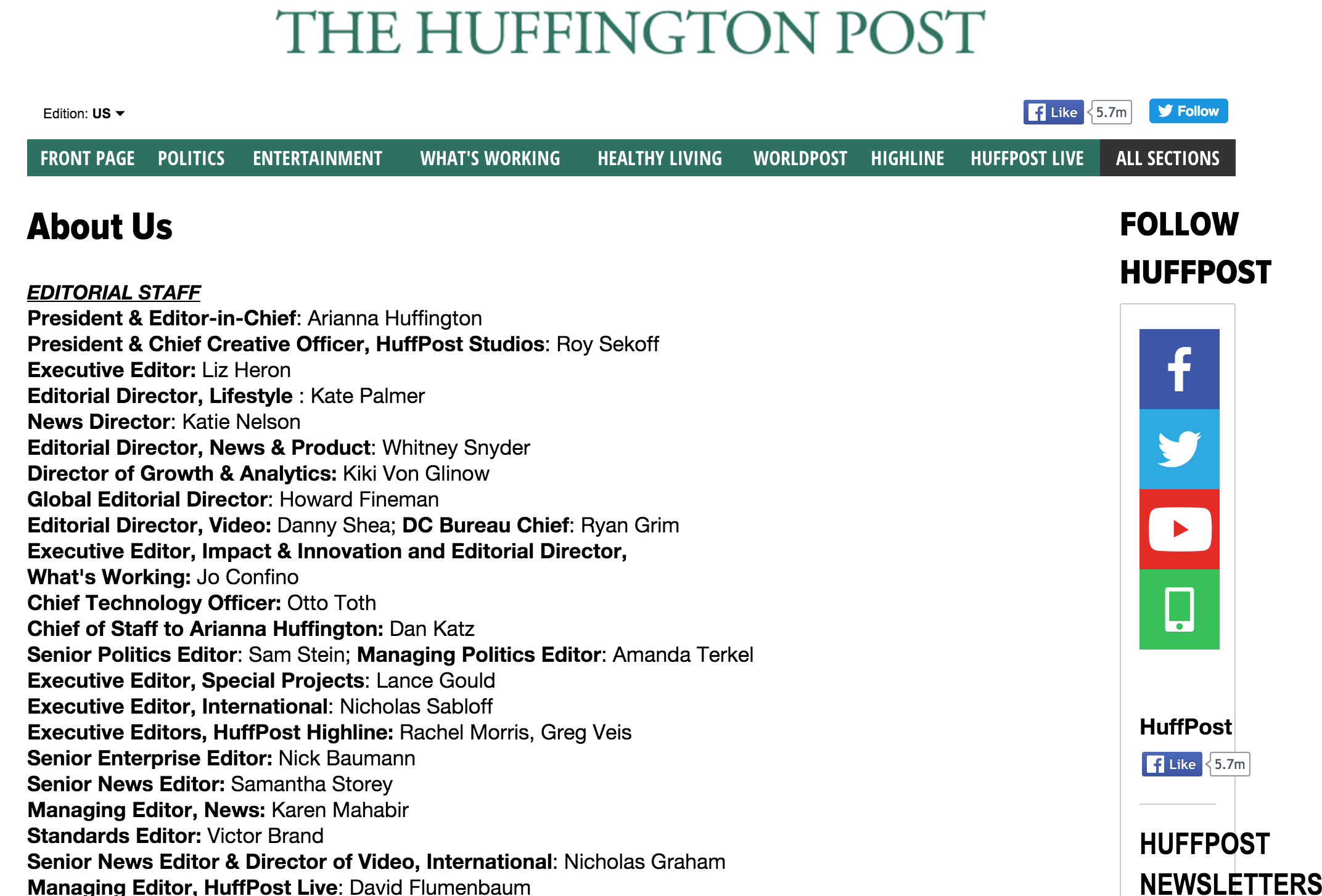 Screenshot showing the editorial stuff of the Huffington Post