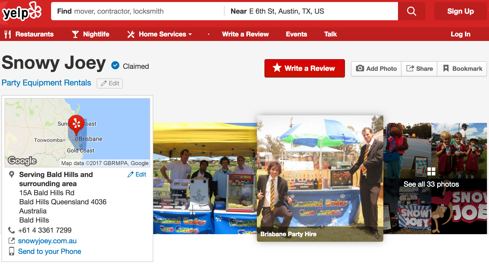 Screenshot showing the Yelp page for Snowy Joey