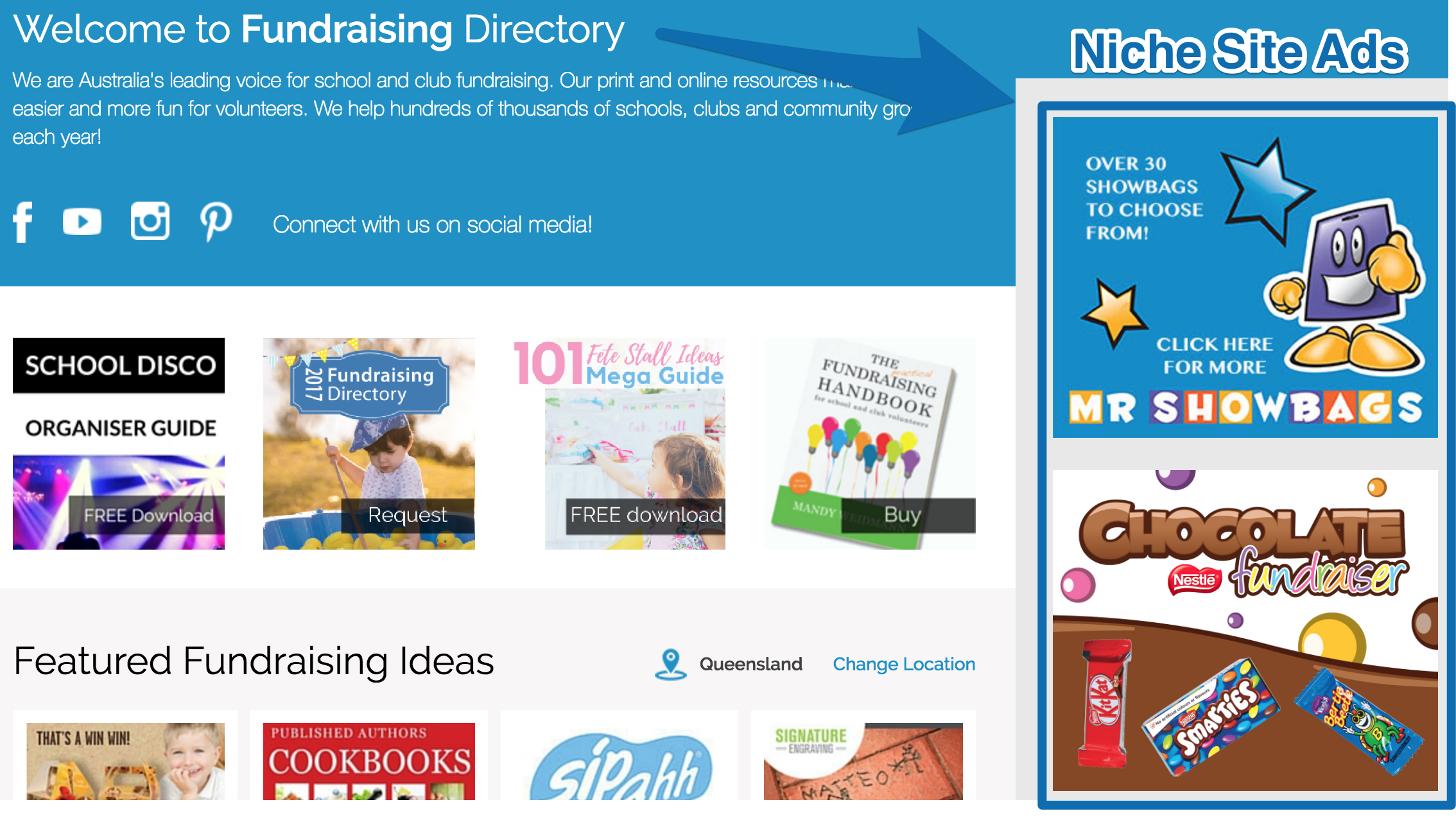 Screenshot of the fundraising category and niche site ads on a website