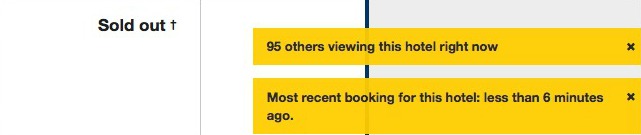 Screenshot of a hotel on booking.com, using scarcity and social proof to create desirability