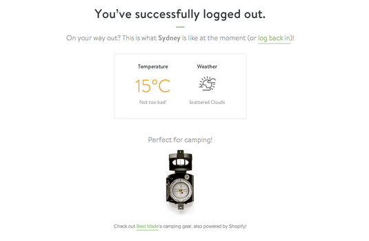 Screenshot showing what the post-logout page looks like on shopify