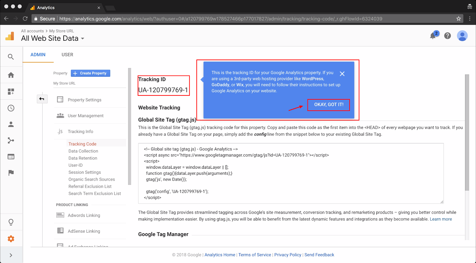 Screenshot showing a page on google analytics